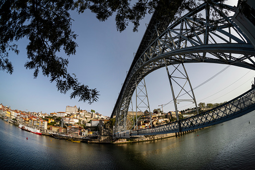 Porto, Portugal. March 2022. panoramic view of the Dom Luís I bridge over the Douro river in the city center