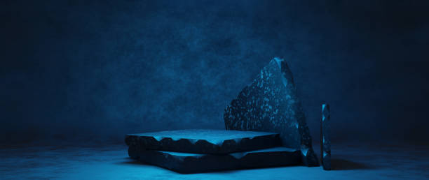 istock Empty Promotion Stand In Dark Marble Terrazo With Smoke Atmosphere Cool Subtle Dim Navy Blue Colors Cinematic Atmosphere Display Background 3D Rendering 1388769590