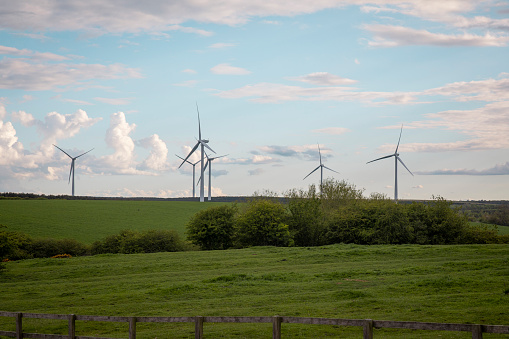 A wide-view shot of renewable energy wind turbines far into the horizon.