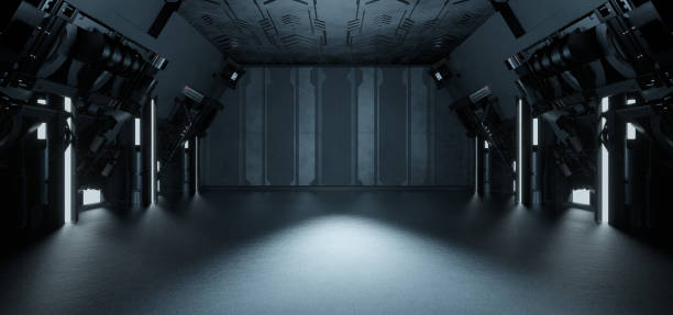 istock Empty Cyber Virtual Reality Futuristic Industrial Room Innovative Dark Grey Colors Sci Fi Background Concept Art Technology 3D Rendering 1388770185