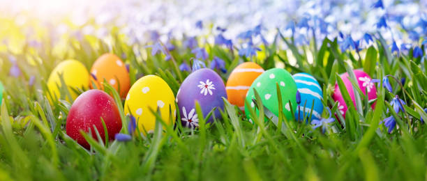 istock Easter eggs on the meadow with fresh green grass 1388771578