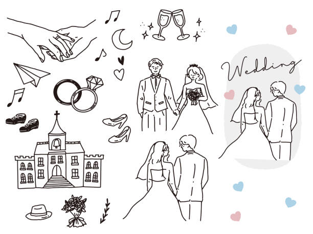 черно-белая, монотонная, рисованная иллюстрация (свадьба, пара, пара, приглашение, приветственная доска, кольцо, новая жизнь, счастье) иллюст - toast women white horizontal stock illustrations