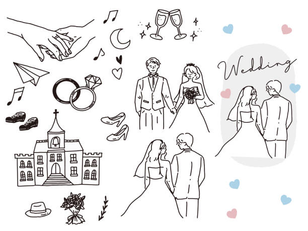 Black and white, monotone, line drawing illustration (wedding, couple, couple, invitation, welcome board, ring, new life, happy) Illustrations of black and white, monotone, line and drawings. Weddings, couples, invitations, rings, ha autumn, beauty, bird, birthday, book, bouquet, bride, brunch, cake, celebration, chapel, church, collection, couple, cute, decoration, design, diamond, doodle, fashion, fashionable, flowers, frame, france, handwritten, heart, holiday, icon, illustration, interior, lifestyle, line drawing, love, lunch, marriage, pretty, rest, ring, set, silhouette, spring, symbol, tuxedo, valentine, vector, virgin road, wedding, wedding dress, wedding ring, women chapel illustrations stock illustrations