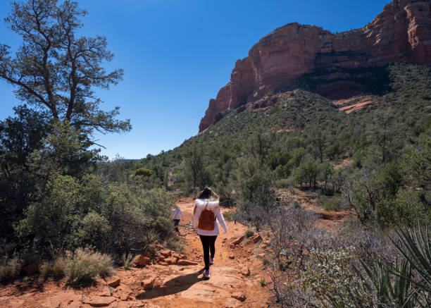 istock Girl  on spring hiking trip in red mountains. 1388775435