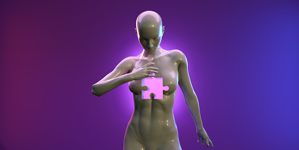 An abstract mannequin computer generated female figure looking downwards with one arm bent with fingers  towards her chest which has a hole I the shape of a jigsaw puzzle piece. The figure is lit with pink and blue lights against a purple background. Lots of copy space.