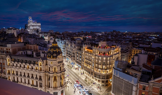 Night view of the center of Madrid, in Gran Via and Alcala