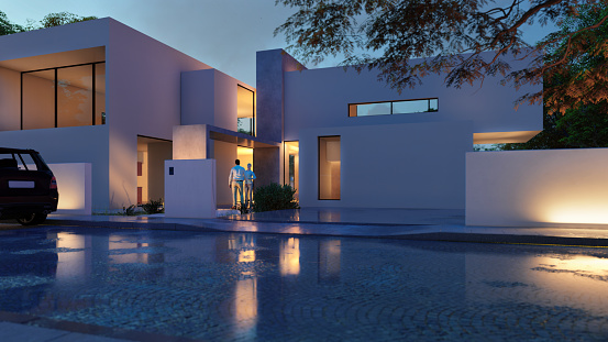 3D rendering of an sleek modern house at dusk