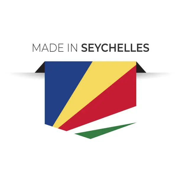 Vector illustration of Made in the Seychelles label, product emblem. White isolated background