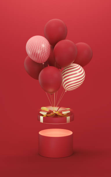 istock Balloons and Presents with red background, 3d rendering. 1388787760