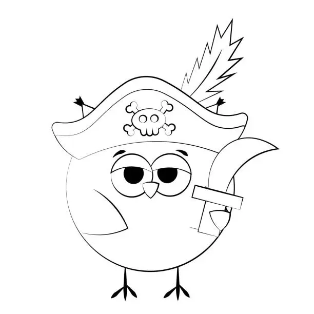 Vector illustration of Cute cartoon Owl Pirate. Draw illustration in black and white