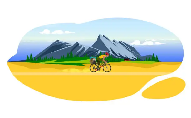 Vector illustration of The adventure of a young man riding with her backpacks and equipments at the foot of a mountain.