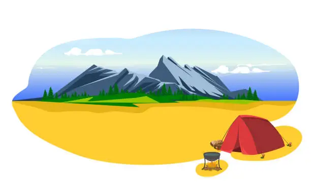 Vector illustration of Vector illustration of alndscape at the foot of mountain,caming background with tent and campfire.