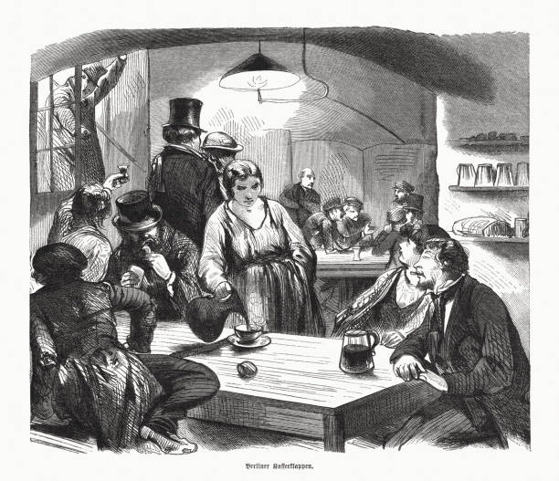 Berlin coffee shop visitors, or "Kaffeeklappen", wood engraving, published 1870 Berlin coffee shop visitors, or "Kaffeeklappen". Since the middle of the 19th century, simple eateries for workers in Germany, in which no alcoholic beverages were served, have been referred to as the Volkskaffeehalle or, more commonly, the “ Kaffeeklappe (coffee flap)”. Wood engraving, published in 1870. prussia stock illustrations