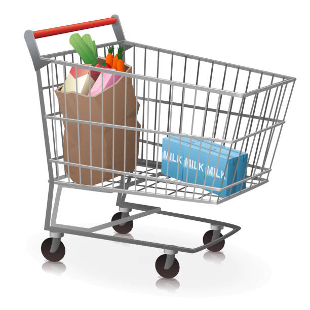 istock Supermarket shopping cart with groceries inside (isolated) 1388796942