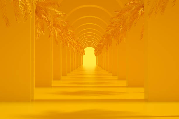 istock Yellow tunnel corridor exhibition stage with palm tree 1388799105