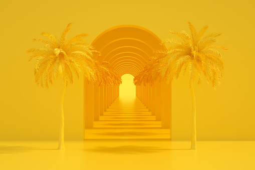 Yellow tunnel corridor exhibition stage with palm tree, 3d render.