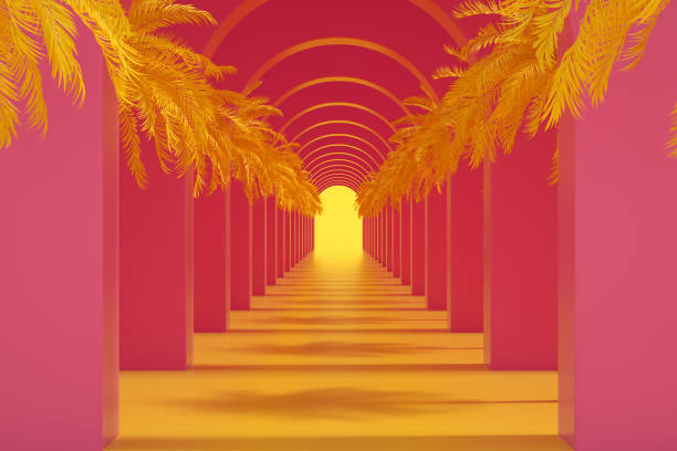 istock Tunnel corridor exhibition stage with palm tree 1388799267