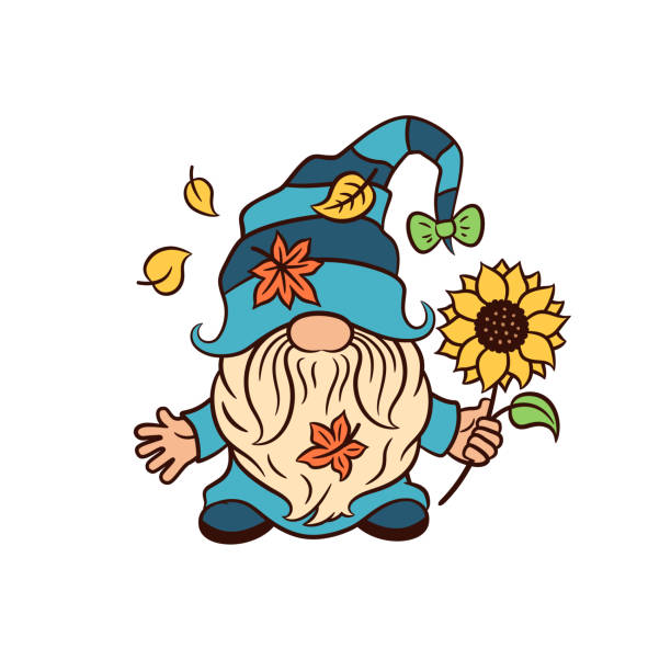 Scandinavian gnome with sunflower. Cute dwarf. Whimsical gnome with sunflower. Thanksgiving greeting graphic design. Adorable gnome funny hat vector illustration. Scandinavian elf tomte vector illustration. Autumn garden gnome clipart. Funny hat. free thanksgiving pic stock illustrations