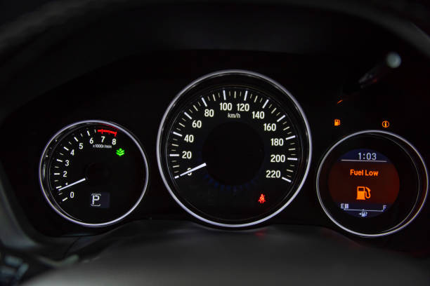 istock Empty fuel gauge warning light in car dashboard 1388799468