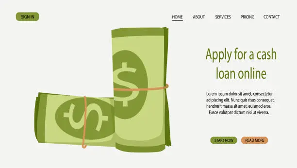 Vector illustration of Rolled up money vector stock illustration. The concept of Apply for a cash loan online.