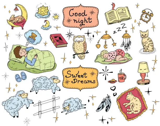 Vector illustration of A set of color doodle drawings of cute hand-drawn on the theme of sleep