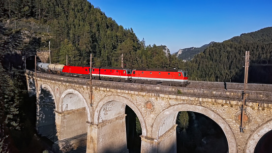 Aerial of train on Viaduct in Semmering railway, Austria
