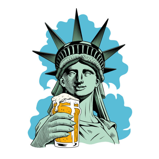 illustrazioni stock, clip art, cartoni animati e icone di tendenza di statua della libertà con in mano una pinta di birra. illustrazione vettoriale. - statue of liberty