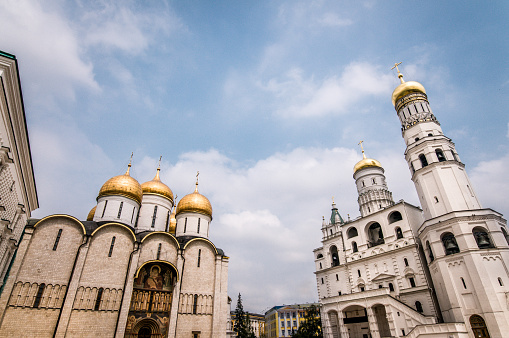 The cityscape of Moscow, Russia with the Ivan the Great Bell tower and Kremlin wall