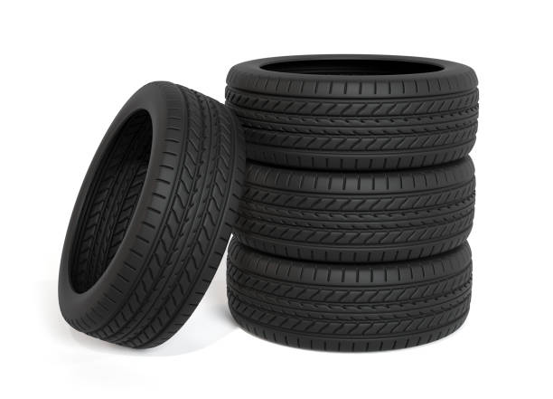 new tires on white background car wheels stack garage shop 3D illustration stock photo