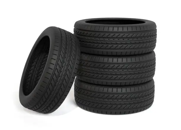 Photo of new tires on white background car wheels stack garage shop 3D illustration