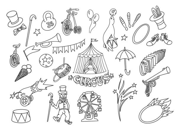 zirkus doodle set - zauberei und okkultes stock-grafiken, -clipart, -cartoons und -symbole