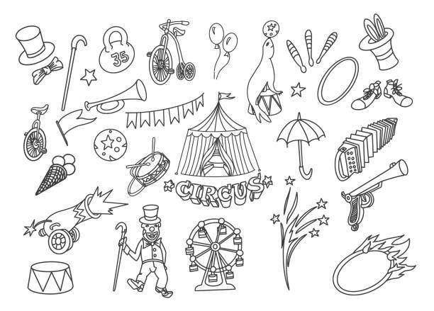 illustrazioni stock, clip art, cartoni animati e icone di tendenza di circus doodle set - mago artista di spettacolo