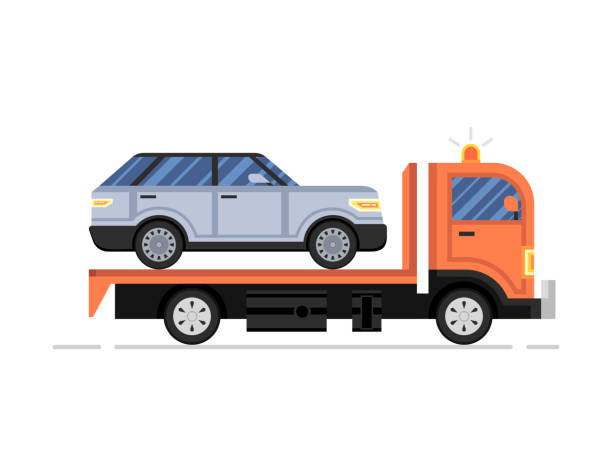 ilustraciones, imágenes clip art, dibujos animados e iconos de stock de asistencia en carretera. evacuador de coche con coche gris drive. ilustración plana vectorial. - isometric truck traffic semi truck