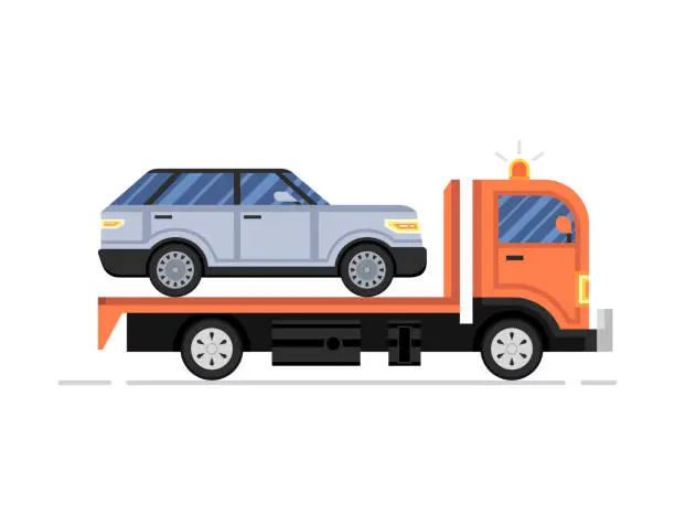 Vector illustration of Road assistance. Car evacuator with gray car drive. Vector flat Illustration.