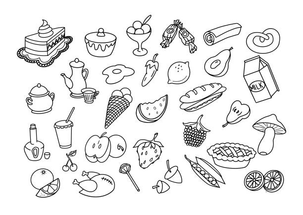 Food and Cooking Doodles Set Food and Cooking Doodles Set. Vector illustration. apple pie cheese stock illustrations