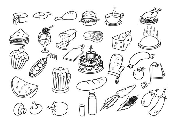 essen und kochen doodles set - kartoffelknödel essen stock-grafiken, -clipart, -cartoons und -symbole