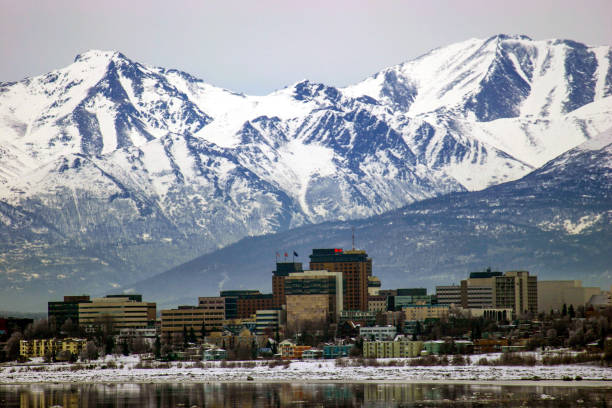 downtown anchorage, alaska im winter - alaska stock-fotos und bilder