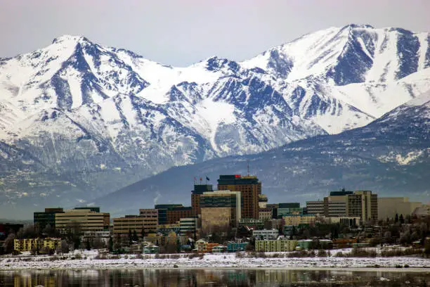 Anchorage, Alaska skyline with the Chugach Mountains in the background