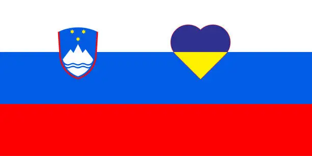 Vector illustration of A heart painted in the colors of the flag of Ukraine on the flag of Slovenia. Illustration of a blue and yellow heart on the national symbol