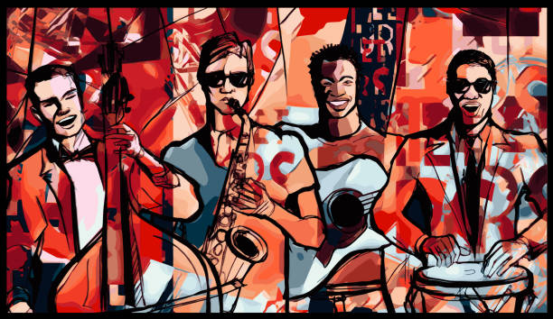 illustrations, cliparts, dessins animés et icônes de groupe de jazz sur fond coloré - black bass illustrations