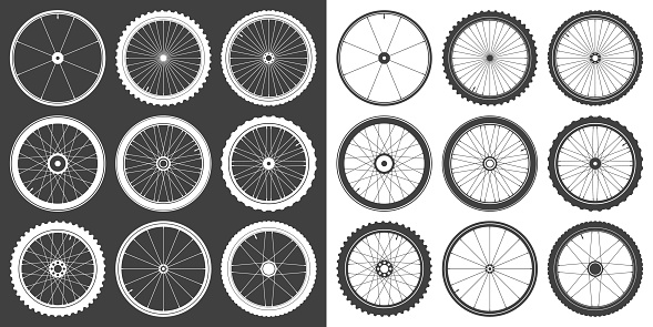 Black and white bicycle wheel symbols collection. Bike rubber tyre silhouettes. Fitness cycle, road and mountain bike. Vector illustration.