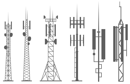 Transmission cellular towers silhouette. Mobile and radio communications towers with antennas for wireless connections. Outline vector illustrations set.