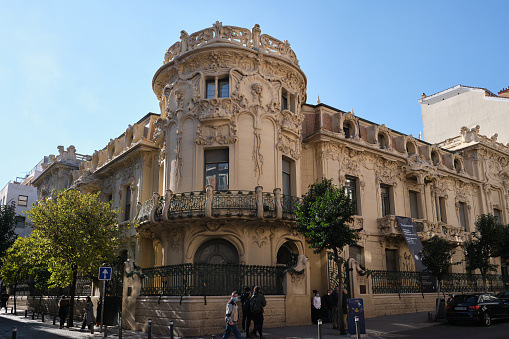 Madrid, Spain - NOV 21 2021: Palace of Longoria (Palacio de Longoria), an Art Nouveau palace building. The Spanish Society of Authors and Publishers (Sociedad General de Autores y Editores, SGAE)