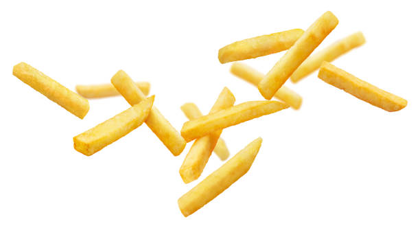 istock Flying potato fries on white 1388815528