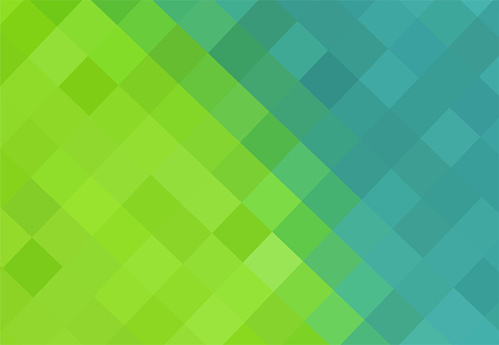 Art background of blue and green squares connected diagonally. Geometric texture. Abstract art pattern of square pixels. Vector blue and green pixels backdrop, space for your design or text. A backing of mosaic squares. Vector illustration