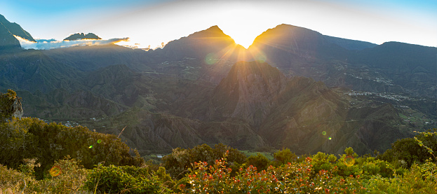 Sunset in Reunion Island mountains, Hellbourg views the trail towards the mountain Gites to make a great hiking.
