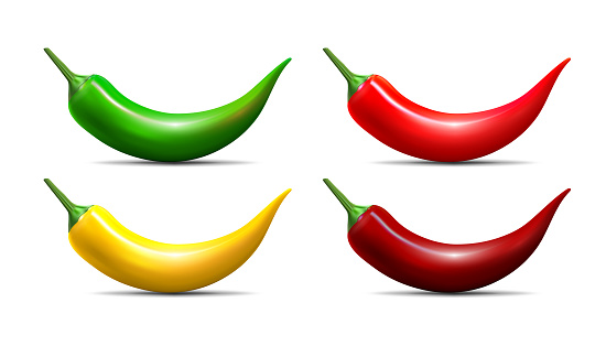 Vector red, green, yellow chili peppers icons set isolated on white background. Different color Chili peppers labels collection