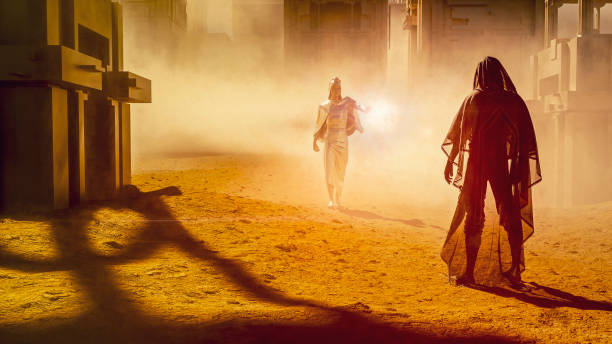 Fantasy wizard figures in futuristic city. This is entirely 3D generated image.