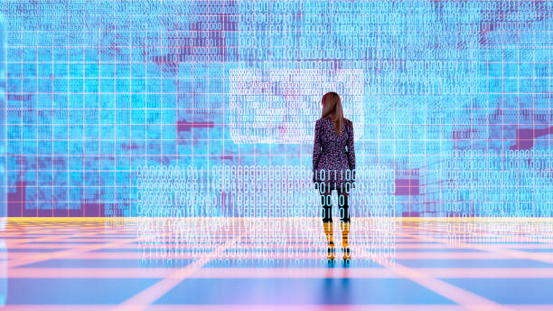 istock Woman standing in VR environment 1388822353