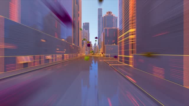 Fast driving-flying through futuristic city